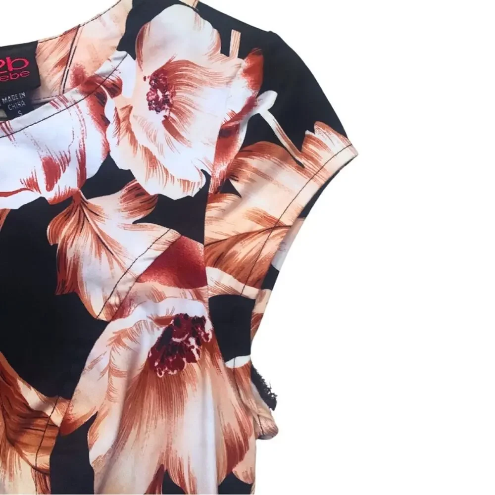Bebe Peplum Top Dark Floral Cutout Black Pink Feminine Romantic Coquette Retro - Picture 3 of 11